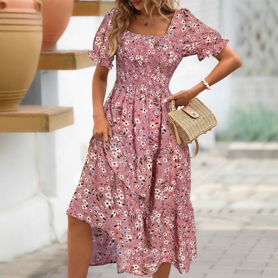 Women's Sleeve Waist Roll Square Collar Dress Woven Digital