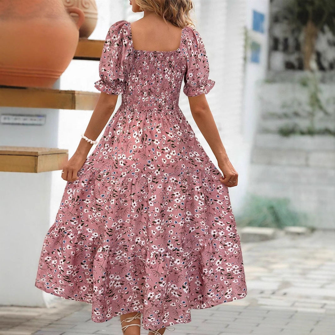 Women's Sleeve Waist Roll Square Collar Dress Woven Digital
