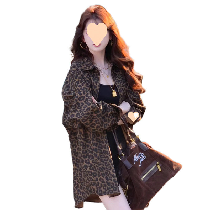 Hong Kong Style Retro Leopard-print Shirt Coat For Women
