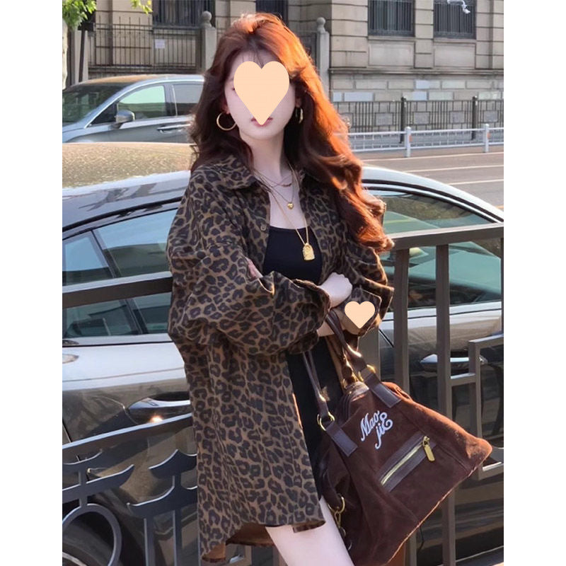 Hong Kong Style Retro Leopard-print Shirt Coat For Women
