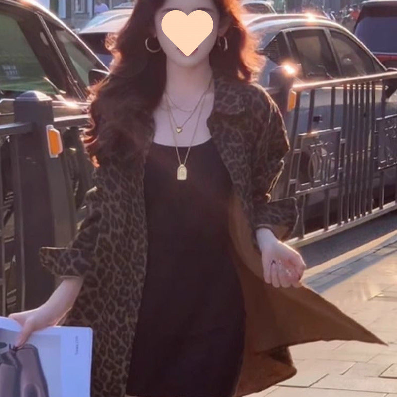 Hong Kong Style Retro Leopard-print Shirt Coat For Women