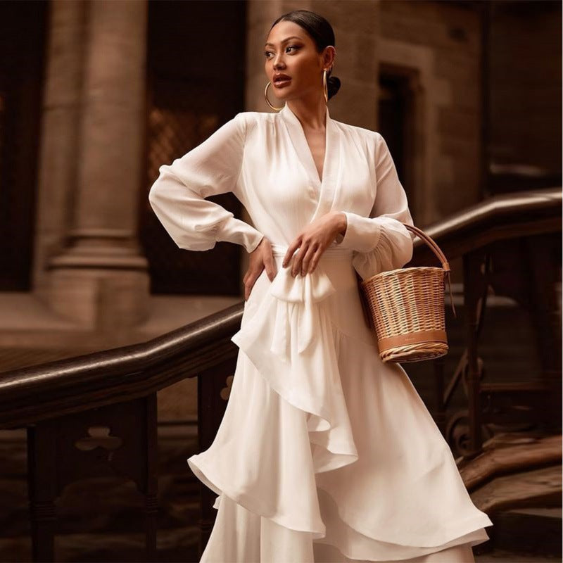 Long Sleeve Ruffles Elegant Dresses For Women White Dress Layered Woman Clothes Casual