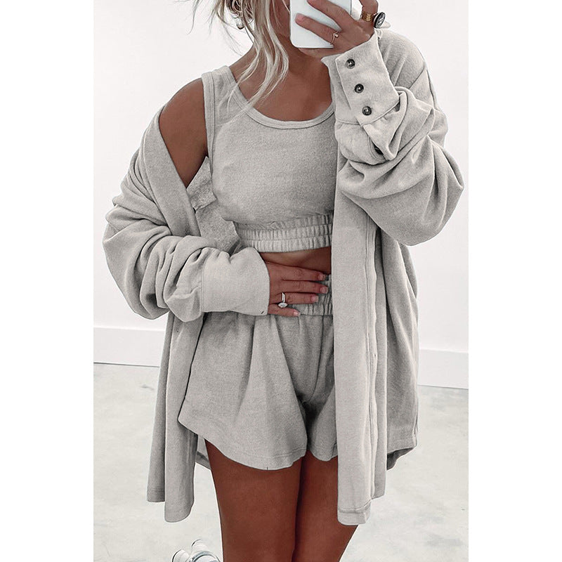 Women's European And American Solid Color Loose Sports Three-piece Suit