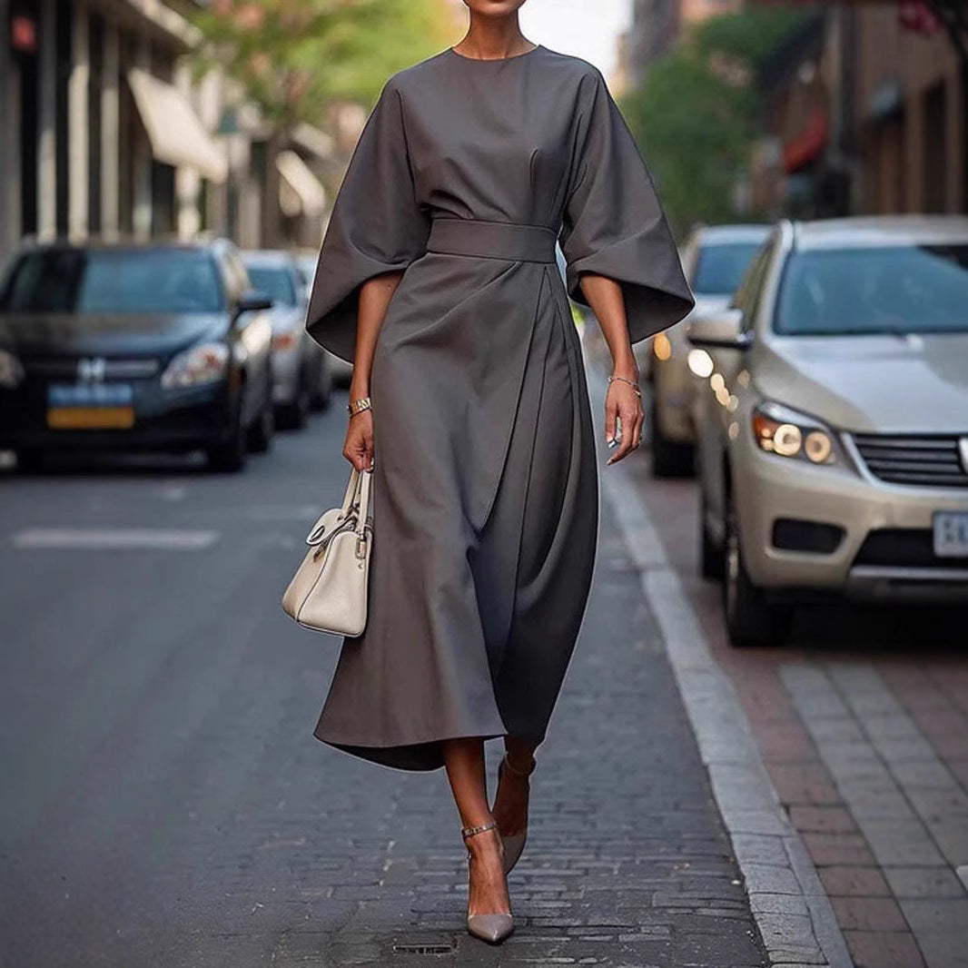 Eva Loose Sleeve Dress Fashion Waist-tighted Solid Color Elegant Dresses For Women Clothing