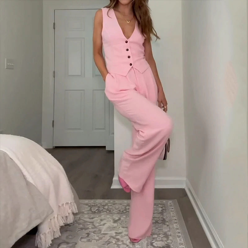 Women's Solid Color And V-neck Sleeveless Vest Elegant Suit Pants Suit