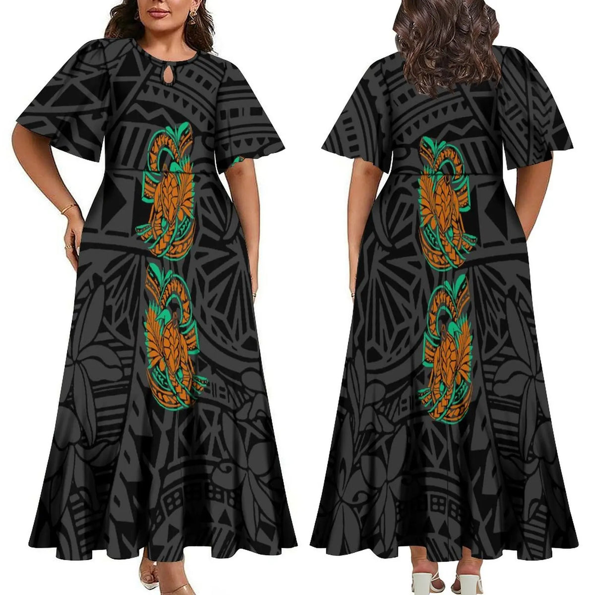 Women Elegant Plus Size Midi Pleated Polynesian Crew Neck Short Sleeve Dress