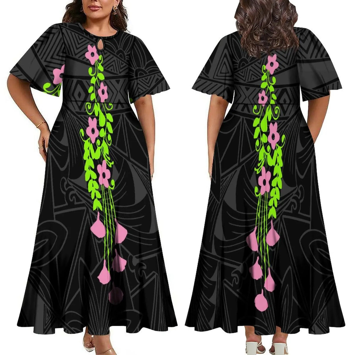 Women Elegant Plus Size Midi Pleated Polynesian Crew Neck Short Sleeve Dress