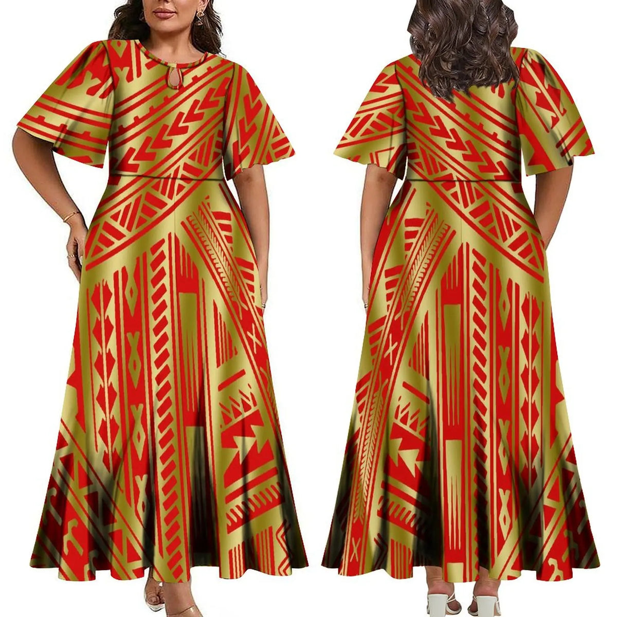 Women Elegant Plus Size Midi Pleated Polynesian Crew Neck Short Sleeve Dress