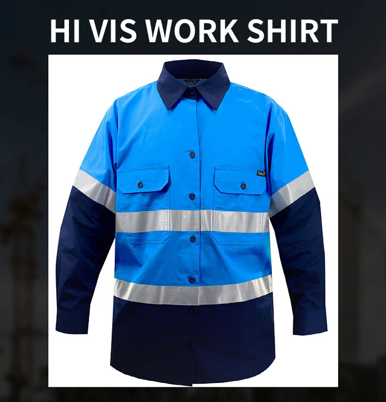 Hi Vis Shirt Safety Work Shirt Cotton Workwear Long Sleeve Reflective Shirt Men Construction