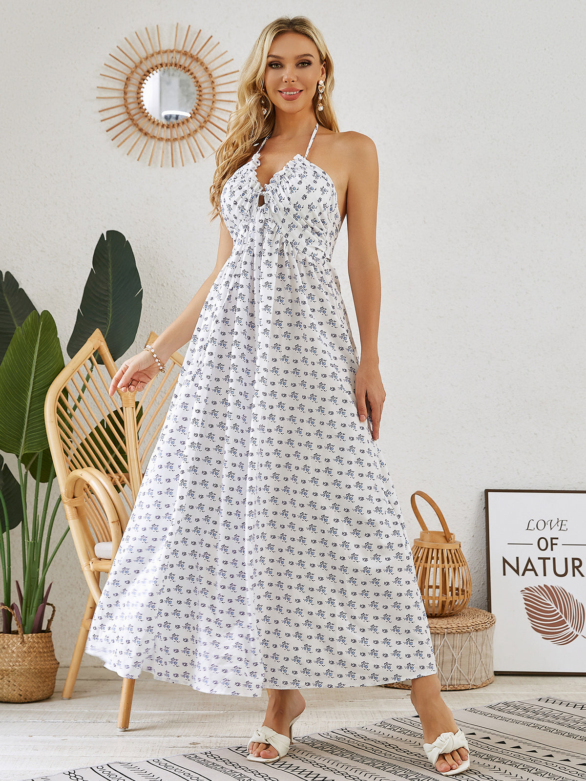 Bohemian Halter Dress - Women's Summer Sleeveless Flowy Beach Dress