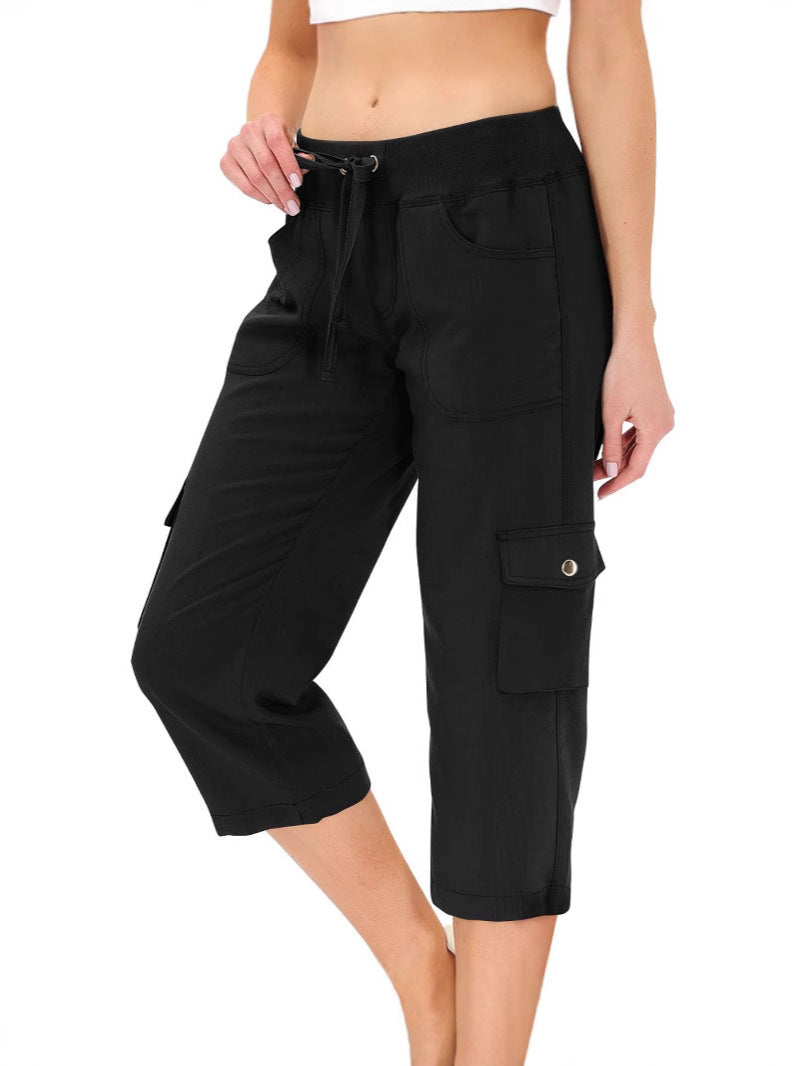 Women's Solid Color Drawstring Fitness Running Cropped Pants