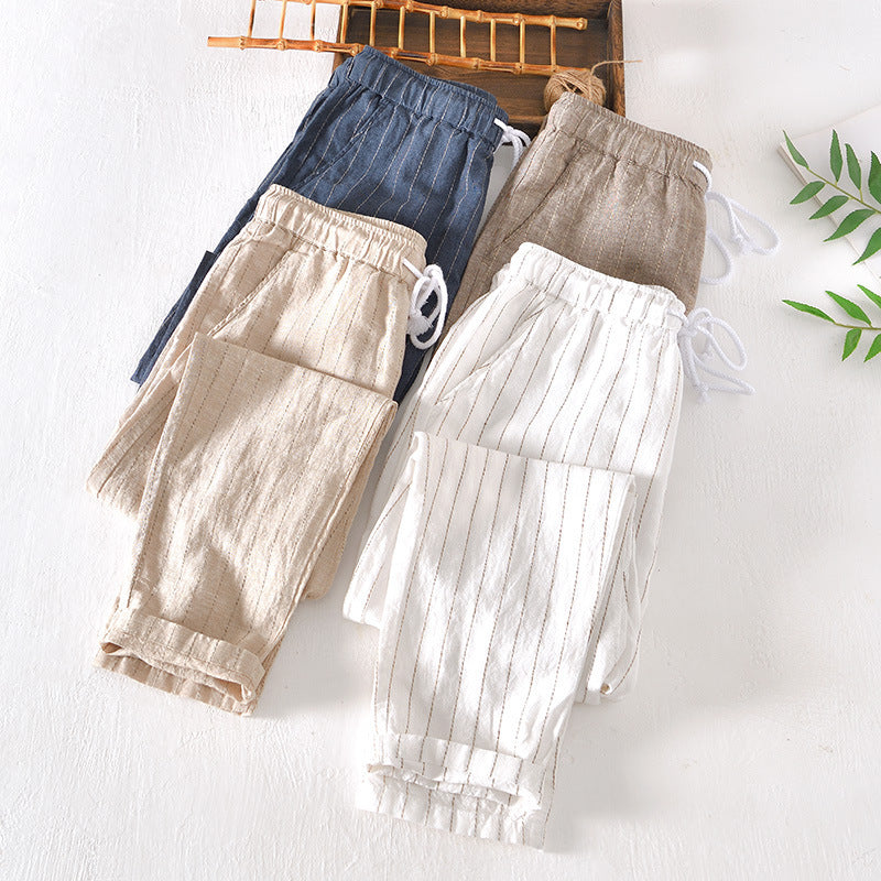 Summer Menswear Cotton Linen Stripes Pants Loose