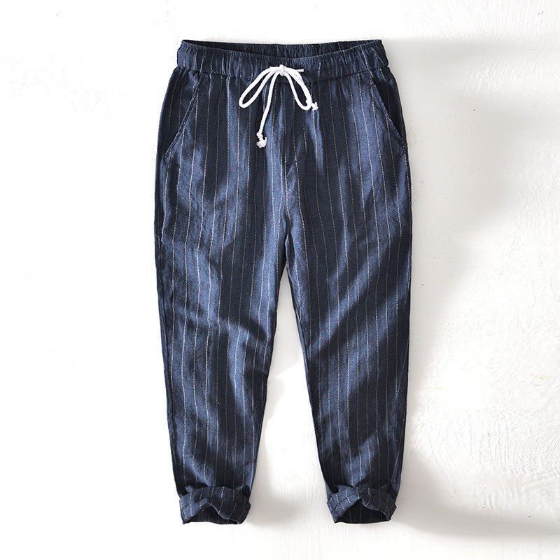 Summer Menswear Cotton Linen Stripes Pants Loose