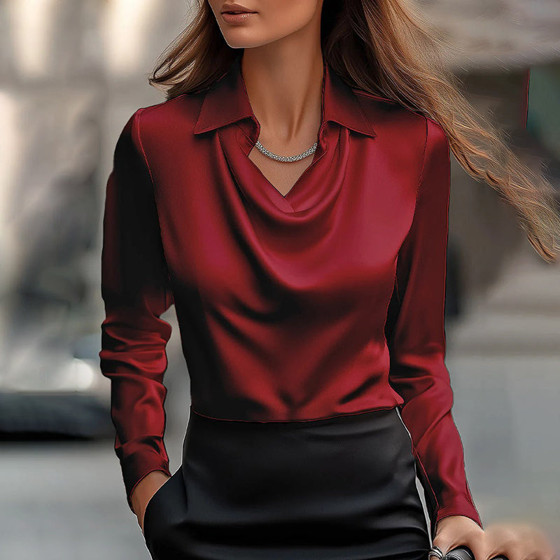 Women's Elegant Long Sleeve Blouse - Solid Color Lapel Top With Ruched Chest Detail Office & Casual Wear For Spring Fall