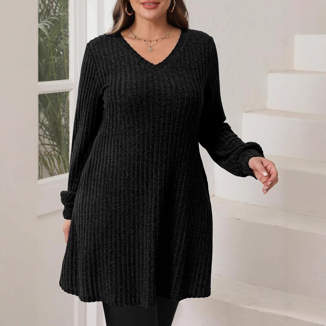 V-neck Pocket Sunken Stripe Brushed Long Sleeve Leisure Dress