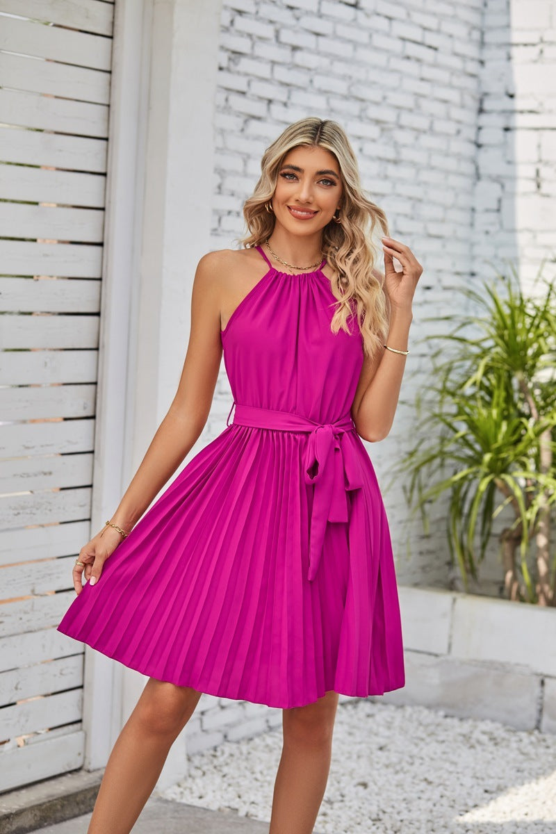 Halter Fala Strapless Dresses For Women Solid Pleated Skirt Summer Beach Sundress