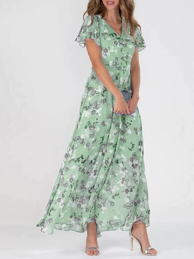 Flowers Print Short Sleeve Dress Summer Fashion Ruffle Beach Dresses Women's Clothing