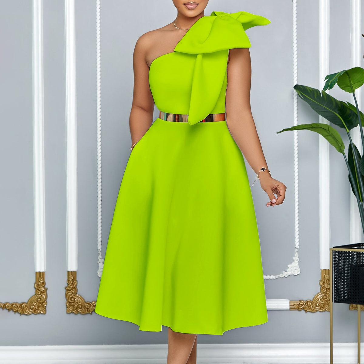 Uasimoa Oblique Shoulder Bow Party Dress